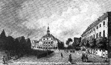 Stahlstich 1848 nach Carl Alexander Lill, Sicht auf den Marktplatz in Lüneburg